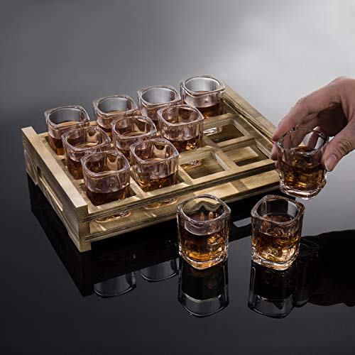 Square Shot Glasses with Burnt Wood Serving Tray