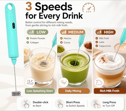 Rechargeable Milk Frother Handheld 3 Speed Coffee Foamer [3 Whisk] Electric Drink Mixer for Latte