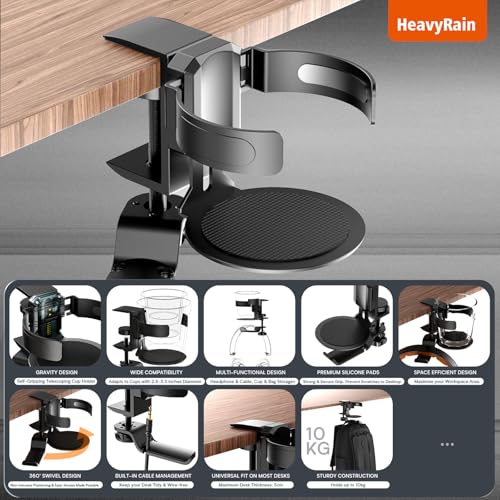 Aluminum Under Desk Cup Holder with Headphone Hook & Cable Clip