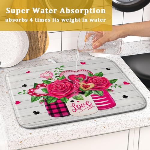 Valentine's Day Rose Flower Dish Drying Mat for Kitchen Counter