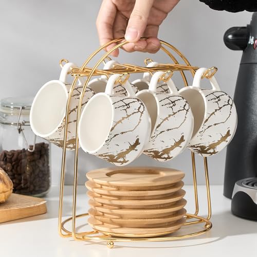 Ceramic Espresso Cups with Saucers and Metal Stand (7.6 Count)