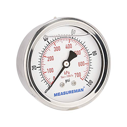 2-1/2inch Dial Size, Glycerin Filled Pressure Gauge, 0-100psi/kpa, 304 Stainless Steel Case, 1/4 Inch NPT Center Back Mount