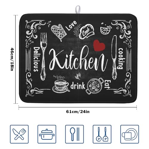 Black Coffee Bar Dish Drying Mats for Kitchen Counter 18x24 Inch