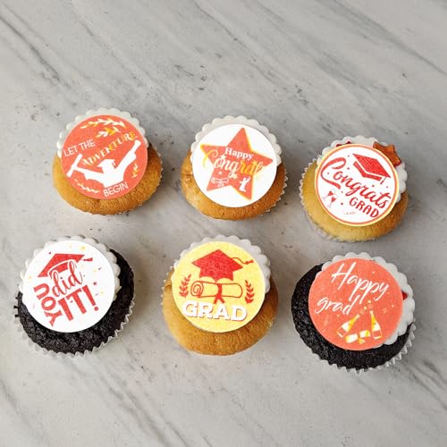 48Pcs 2026 Graduation Cupcake Toppers Wafer Paper Class of 2026 Cake Decorations Edible Congrats Grad Cupcake Picks for 2026 Graduation Theme Party Cake Supplies Red Gold (48 Count)