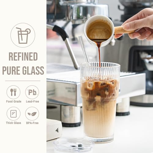 20oz Ribbed Glass Tumbler with bamboo Lid and Straw