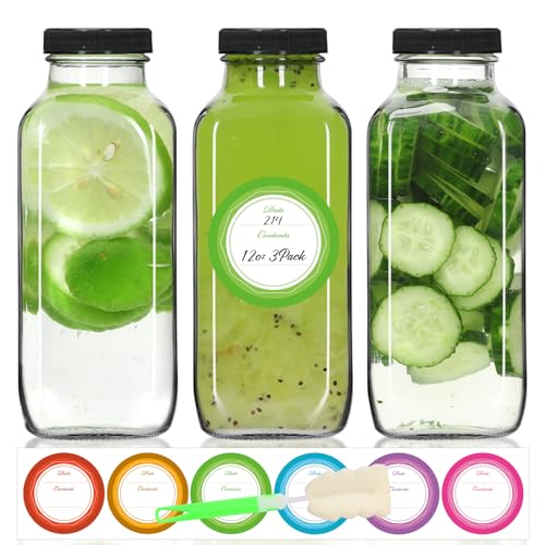 12oz 3 Pack Glass Juice Bottles with Leak (3 Count)
