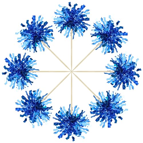 30Pcs Foil Firework Cupcake Toppers Happy Birthday Cake Toppers Sparkle Tinsel Flower Drink Stirrers Cocktail Food Fruit Toothpicks for Valentine's Day Party Supplies Blue (30 Count)