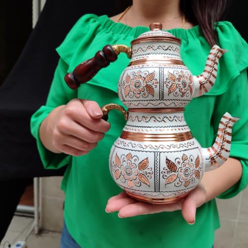 Handmade Copper Turkish Teapot Tea Kettle Pots Set for Stove Top Stovetop Decorative Infuser Vintage Antique Arabic Farmhouse Tray Cups Serving Party Moroccan Decor Style Persian Kitchen Fancy Gift (2 Count)