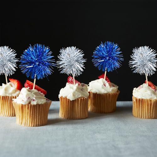 30Pcs Foil Firework Cupcake Toppers Sparkle Tinsel Cake Toppers Tinsel Drink Cake Decoration Cocktail Picks for Birthday Wedding Graduation Party Supplies Silver Dark Blue (30 Count)