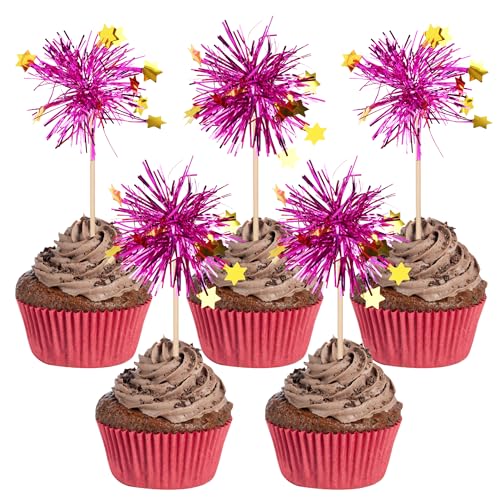 30 PCS Foil Firework Cupcake Toppers Happy Birthday Star Cupcake Picks Sparkle Tinsel Drink Stirrers Cocktail Fruit Toothpicks for Valentine's Day Wedding Birthday Party Decorations Supplies Purple (30 Count)
