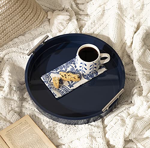 Lipton Modern Round Tray; 15.5 Diameter; Navy and Silver; Decorative Accent Tray for Storage and Display