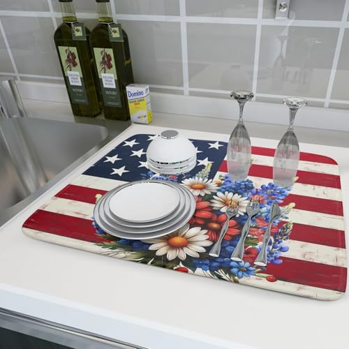 4th of July Patriotic Flower Dish Drying Mat for Kitchen Counter