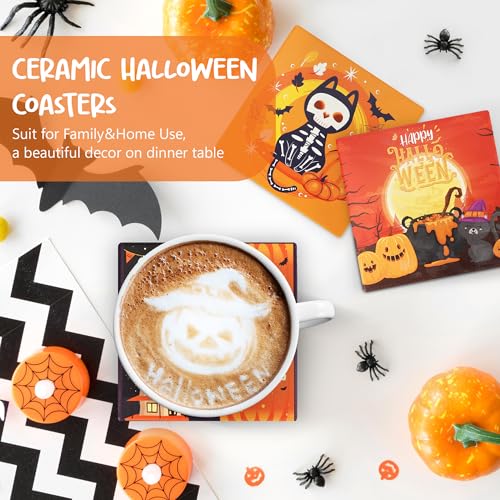 Halloween Coasters Absorbent Ceramic Coaster for Drinks with Black Holder and Cork Base Set of 4