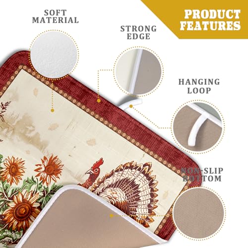Rustic Turkey Dish Drying Mat for Kitchen Countertop 16x18 inch Fall Thanksgiving Pumpkin Sunflowers Harvest Dish Drainer Mats Fast Drying Farmhouse Country Style Dish Drying Pad Holiday Decor