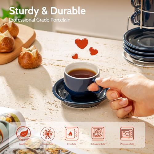 4 Ounce Porcelain Stackable Espresso Cups with Saucers and Metal Stand Set of 4 (4 Count)