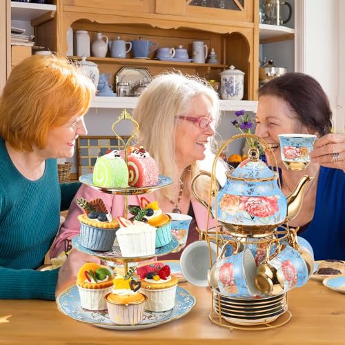 21 Pcs Porcelain Tea Set for Women Tea Party with Metal Holder and 3 Tier Cake Stand Ceramic European Floral Teapot Set for Adults Mother's Day Christmas Thoughtful Gift