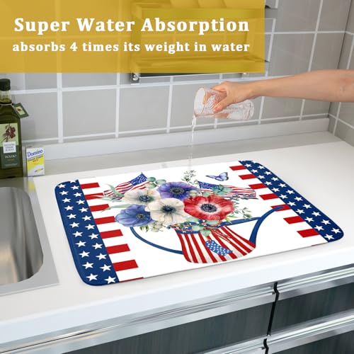 American Flag 4th of July Dish Drying Mats for Kitchen Counter Patriotic Flowers Dry Dishes Pads 16x18 Inch Microfiber Absorbent Independence Day Drainer Pad Tableware Mats Protector for Countertops