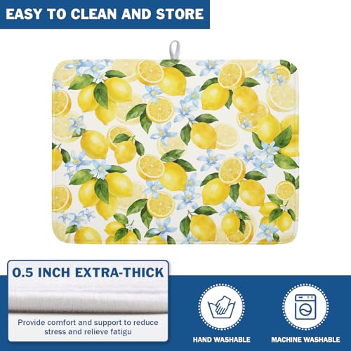 Lemon Dish Drying Mat 18x24 Inch Absorbent Reversible Summer Drying Mat Floral Lemon Fruits Dish Drying Rack Mat Yellow Summer Themed Dish Drainer Mat for Kitchen Counter Coffee Bar