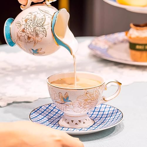 Blue Floral Porcelain Tea Set with 6 Cups and Saucers