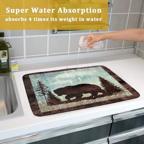 Retro Brown Bear Forest Cabin Dish Drying Mat Countertop 18x24 Fall Blue Sky Cloud Cartoon Wild Animal Bushes Drainer Mat Pine Tree Grass Dishes Pad Rustic Floral Dish Drainer Rack Wildlife