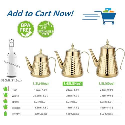 1.6L(54oz) Stainless Steel Hammer Patterned Teapot With Removeable Infuser,Loose leaf cover,Gold