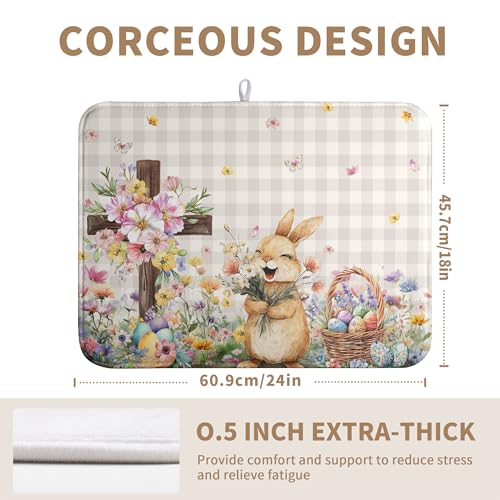 Easter Bunny Dish Drying Mats Spring Floral Dish Mat Easter Cross Eggs Drying Matt Dishes Dryer Pad for Kitchen Counter Absorbent Microfiber Washable Foldable Reusable 18x24 in