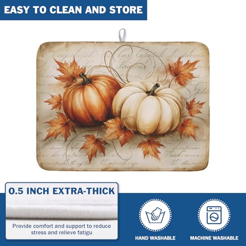 Fall Pumpkin Dish Drying Mat 18”x24”Vintage Autumn Drying Mat for Kitchen Counter Absorbent Maple Leaf Fall Thanksgiving Farmhouse Dishes Pad Drainer Mat Countertop Protector for Kitchen Fast Dry