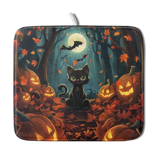 Halloween Black Cat Dish Drying Mat for Kitchen Counter