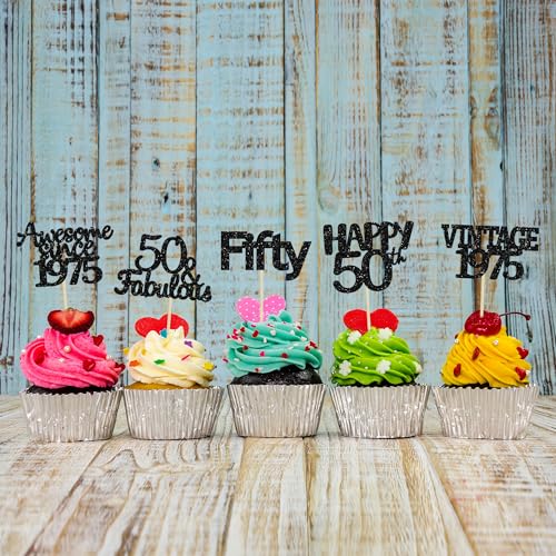 30Pcs Vintage 1975 Cupcake Toppers 50th Birthday Cake Decorations Cheers to 50 Fabulous Fifty Cupcake Picks 50th Birthday Wedding Anniversary Party Cake Decorations Supplies Black (30 Count)