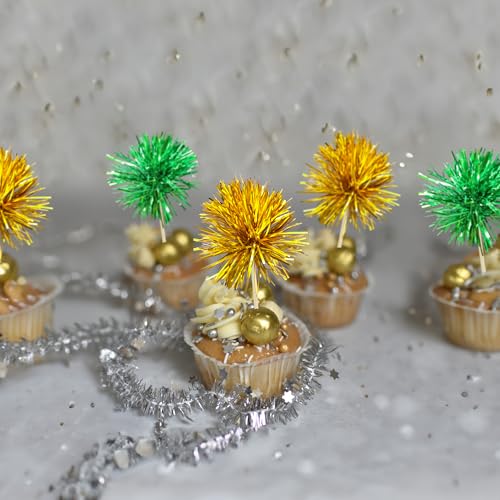30Pcs Foil Firework Cupcake Toppers Sparkle Tinsel Cake Toppers Tinsel Drink Cake Decoration Cocktail Picks for Birthday Wedding Graduation Party Supplies Gold Green (30 Count)