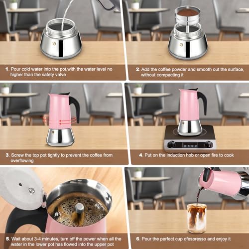 2 Cup Stovetop Espresso Maker Stainless Steel Moka Pot Stove Top Percolator Italian Coffee Makers Capable Mocha Greca Machine Cafe Classic Induction Cookers for Home and Camping 100ml 3.3oz