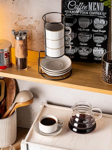 6 Ounce Cappuccino Cups Set of 4 with Saucers & Metal Rack (9.99 Count)