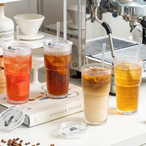 20oz Hobnail Glass Tumbler with Bamboo Lids and Straws