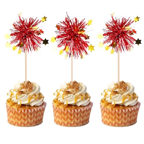 30 PCS Foil Firework Cupcake Toppers Happy Birthday Star Cupcake Picks Sparkle Tinsel Drink Stirrers Cocktail Fruit Toothpicks for Valentine's Day Wedding Birthday Party Decorations Supplies Red (30 Count)