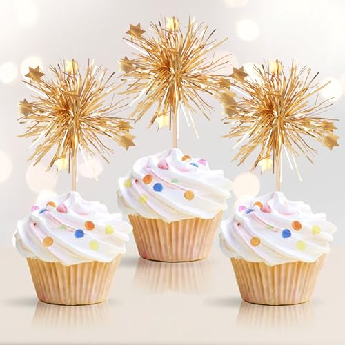 30 PCS Foil Firework Cupcake Toppers Happy Birthday Cake Toppers Star Sparkle Tinsel Flower Drink Stirrers Cocktail Fruit Toothpicks for Valentine's Day Baby Shower Birthday Party Supplies Gold (30 Count)