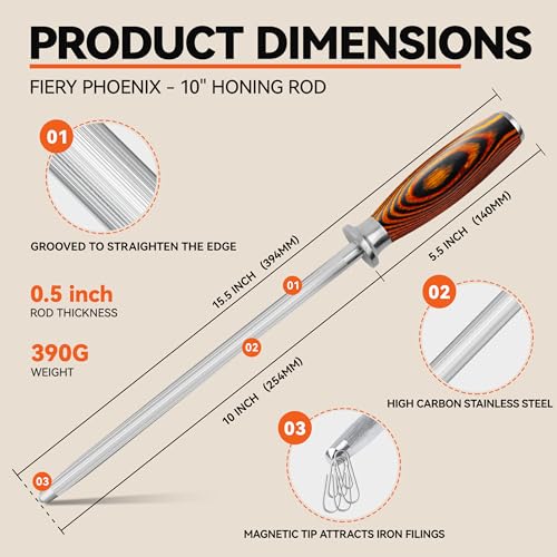 Honing Steel 10 Inch Knife Sharpener Rod with Pakkawood Handle for Kitchen Knives Daily Sharpening Maintenance