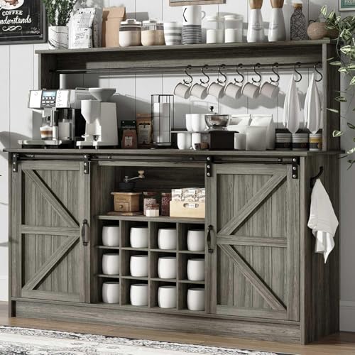 55" Farmhouse Coffee Bar Cabinet with Storage Hutch