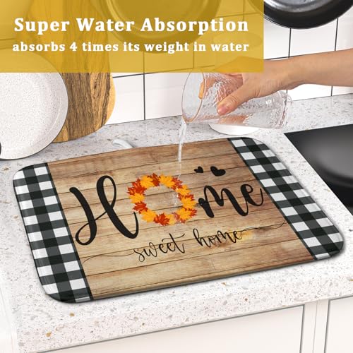 Home Sweet Home Dish Drying Mat 16x18 Inch Fall Autumn Maple Leaf Wreath Dish Drainer Mats Rustic Brown Wood Board Microfiber Dish Drying Rack Pad for Kitchen Countertop Farmhouse Decor