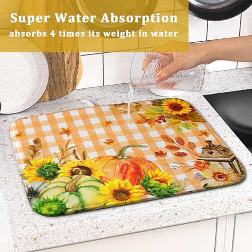 Autumn Maple Leaf Orange White Check Plaids Dish Drying Mat for Kitchen Counter