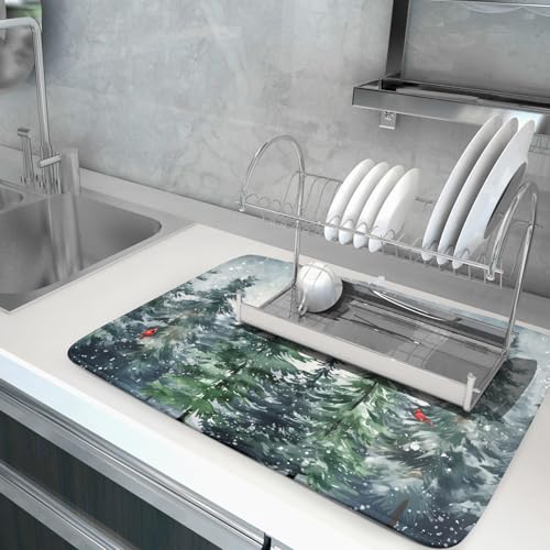 Winter Pine Tree Dish Drying Mat for Kitchen Counter 16x18 Inch Winter Snowflake Xmas Forest Dish Draining Mat Christmas Decorations Fast Absorbent Tableware Dishes Pad for Coffee Bar Countertop