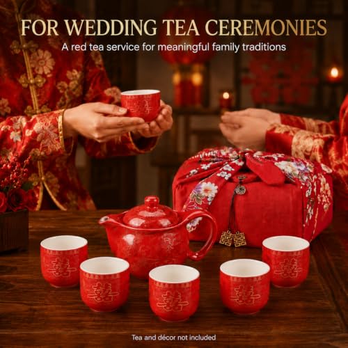 Chinese Tea Set Traditional Red Ceramic with Chinese Teapot and 6 Porcelain Teacups
