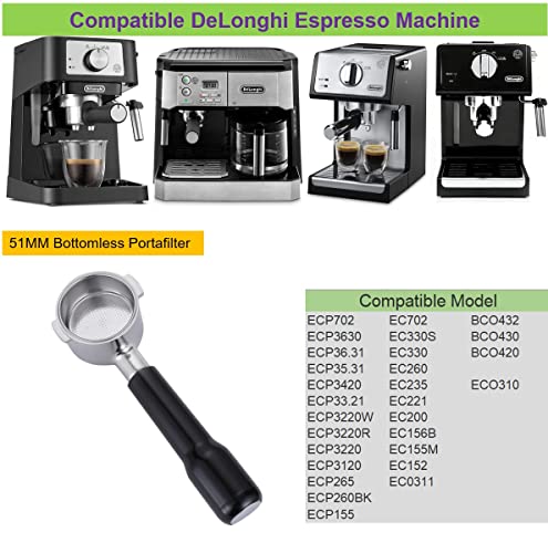 51mm Bottomless Portafilter for DeLonghi Espresso Machine Stainless Steel 51mm Portafilter 2 Ear for ECP3420