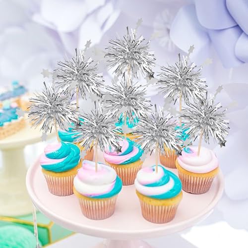 30 PCS Foil Firework Cupcake Toppers Star Cupcake Picks Sparkle Tinsel Flower Drink Stirrers Cocktail Food Fruit Toothpicks for Valentine's Day Birthday Party Cake Decorations Supplies Silver (30 Count)