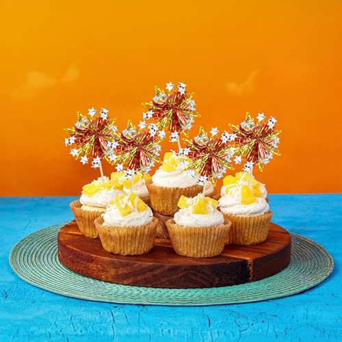 30Pcs Foil Firework Cupcake Toppers Sparkle Tinsel Cupcake Picks Happy Birthday Cake Decorations Drink Stirrers Cocktail Food Fruit Toothpicks for Baby Shower Graduation Party Supplies Gold Red (30 Count)
