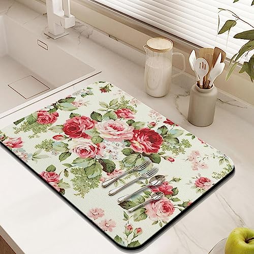 Rubber Dish Drying Mat for Kitchen Counter Large Red Roses Floral Washable Quick Home Coffee Pad Fit Under Sink