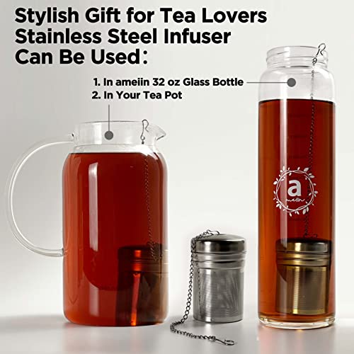 32oz Borosilicate Glass Water Bottle with Bamboo Lid and 2 Tea Infuser Sets for Fruit Infused Water and Cold Brew Coffee
