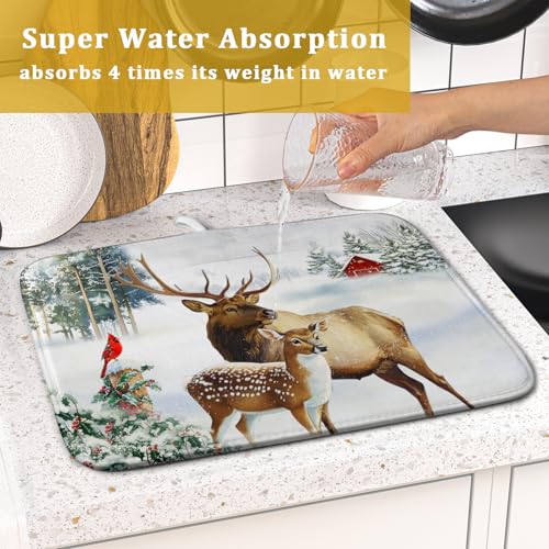 Winter Deer Dish Drying Mat 16"x18" Xmas Tree Bird Holly Berry Dish Drainer Mats Elk Moose Snow Cottage Farmhouse Reversible Small Dish Drying Pad Protector for Kitchen Countertop Decor