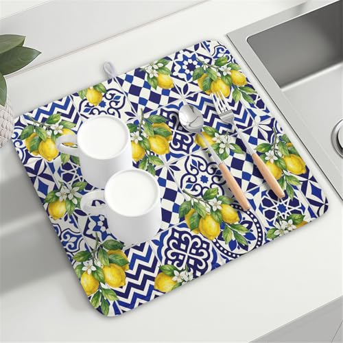 Lemon and Blue Tile Dish Drying Mat 16x18 Inch Absorbent Reversible Mexican Tilt Drying Mat Blue White Italy Lemons Dish Drying Rack Mat Summer Themed Dish Drainer Mat for Kitchen Counter Coffee Bar