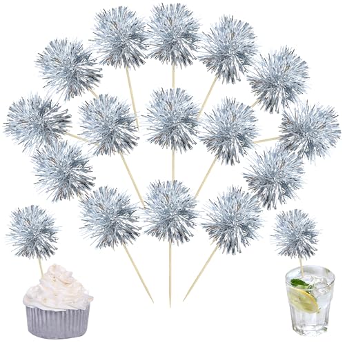 30Pcs Foil Firework Cupcake Toppers Sparkle Tinsel Cupcake Picks Happy Birthday Cake Toppers Drink Stirrers Cocktail Food Fruit Toothpicks for Baby Shower Birthday Party Supplies Silver (30 Count)
