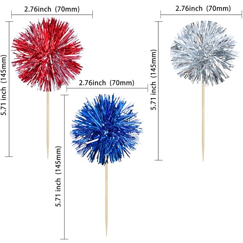 30Pcs Foil Firework Cupcake Toppers Sparkle Tinsel Cake Toppers Tinsel Drink Cake Decoration Cocktail Picks for Birthday Wedding Graduation Party Supplies Silver Dark Blue Red (30 Count)